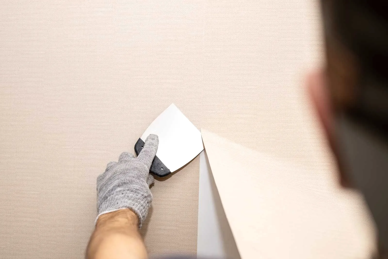Colocación de papel pintado en la pared de una vivienda de Pamplona